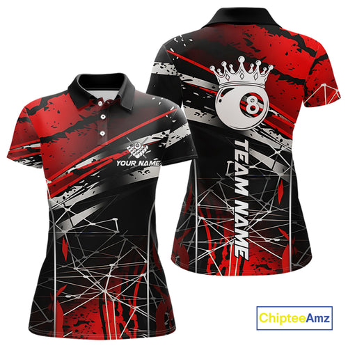 Black And Red 8 Ball Crown Women's Billiard Shirts Custom Billiards Jerseys, Pool League Team Shirts TDM5131