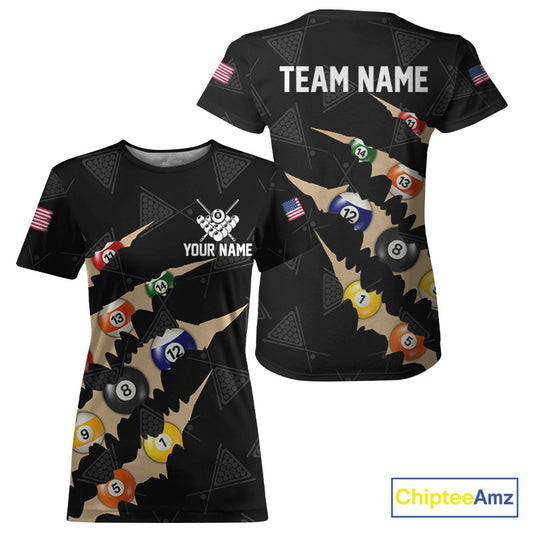 Custom Tan 8 Ball Pool Scratch Billiard T-Shirt For Women Black Billiard League Team Jersey TDM5990