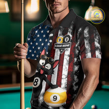 Load image into Gallery viewer, Man wearing a funny cat 8 ball billiard jersey beside a pool table front view.