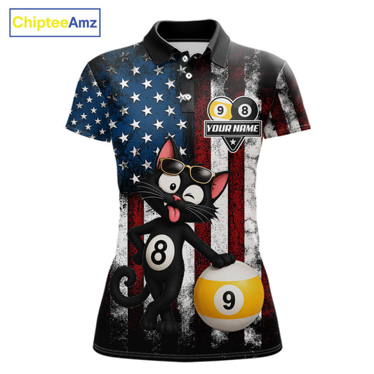 Women’s funny cat 8 ball pool polo shirt with American flag billiard graphics and playful style.