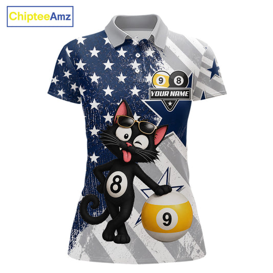 Women’s funny cat 8 ball and 9 ball pool polo shirt with patriotic US flag billiard graphics.