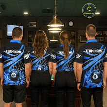 Load image into Gallery viewer, Back view of pool players wearing custom blue flame billiard shirts in a game room.