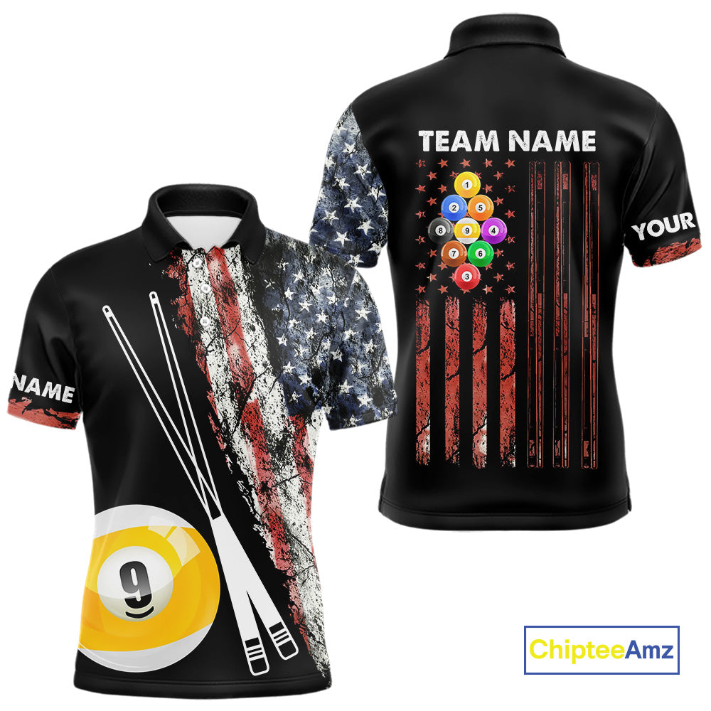 Retro Grunge American Flag 9 Ball Pool Billiard Shirt For Men Custom Patriotic Billiard Team Jersey TDM4474