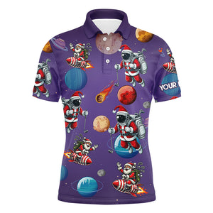 Funny Christmas Santa Astronaut Custom Purple Polo Golf Shirts For Men, Christmas Golf Outfit TDM3119