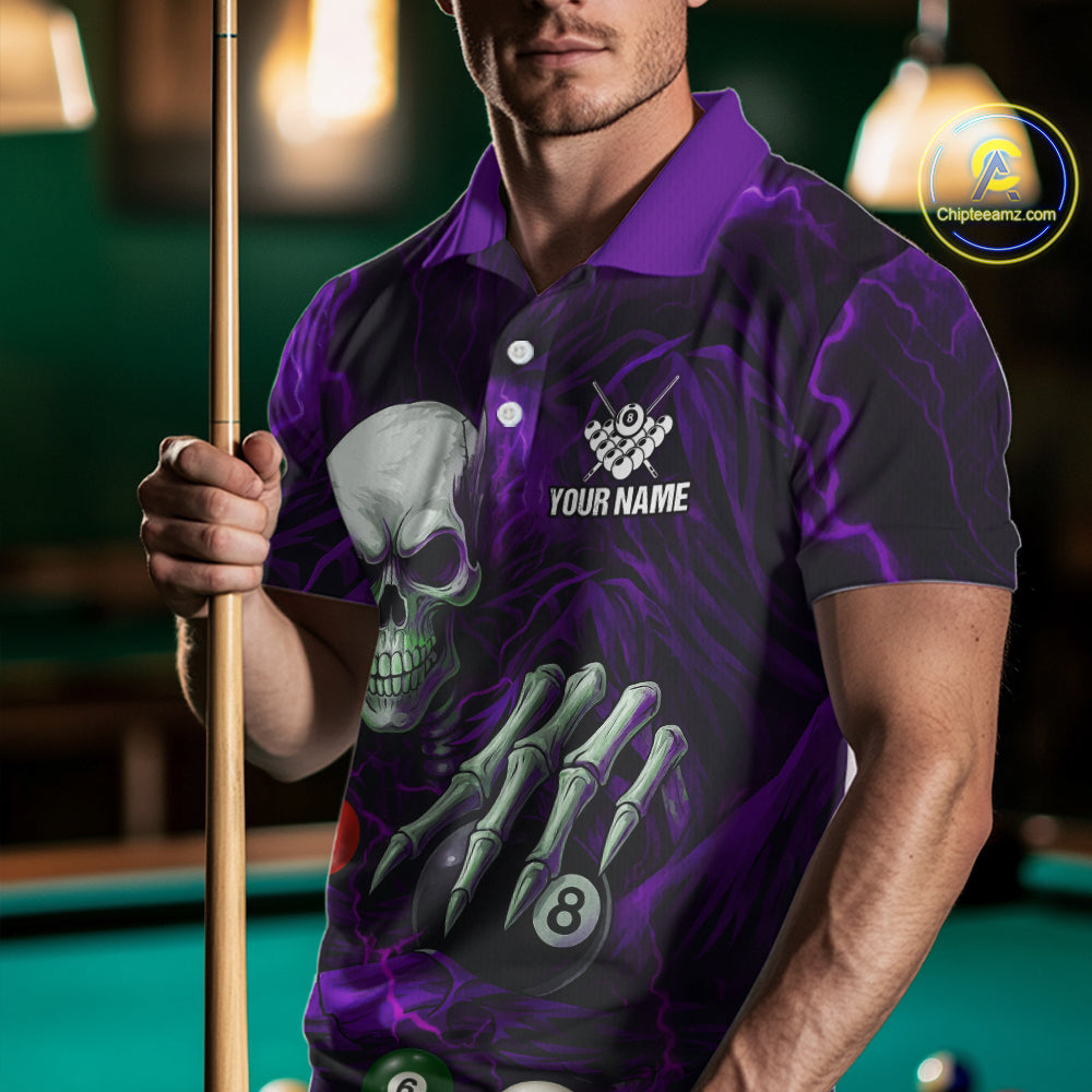 Personalized Purple Funny Skeleton Pool Balls Billiard Shirt For Men, Skull Billiard Team Jerseys TDM5344