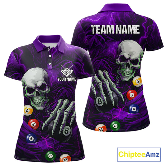 Personalized Purple Funny Skeleton Pool Balls Billiard Shirt For Women, Skull Billiard Team Jerseys TDM5344
