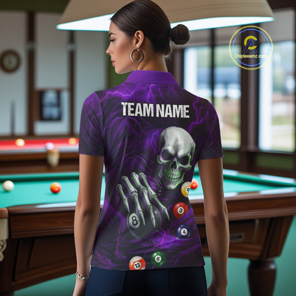 Personalized Purple Funny Skeleton Pool Balls Billiard Shirt For Women, Skull Billiard Team Jerseys TDM5344