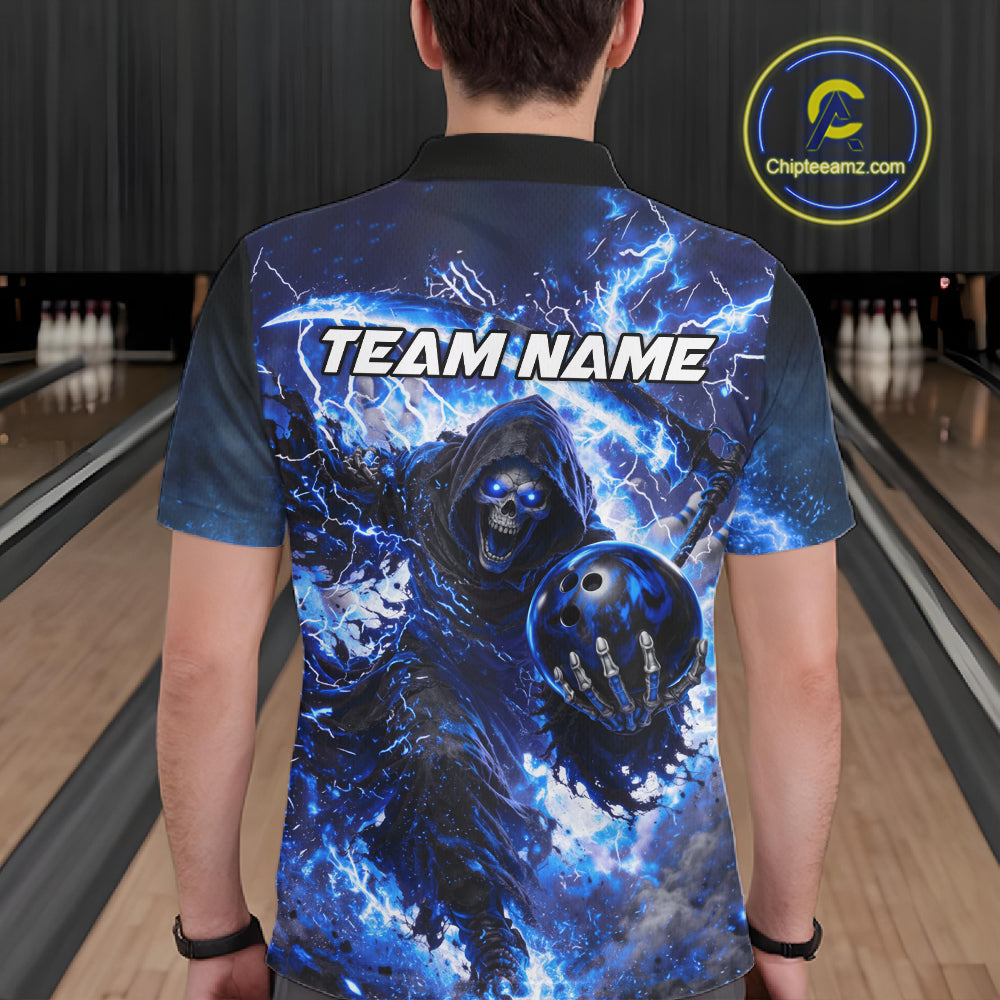 Blue Grim Reaper Fire Smoke Bowling Jersey For Men Custom Bowling Team Shirt Polo & 1/4 Zip TDM6234