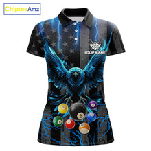 Load image into Gallery viewer, Blue lightning eagle 8 ball pool polo shirt for women with patriotic billiard team graphics.