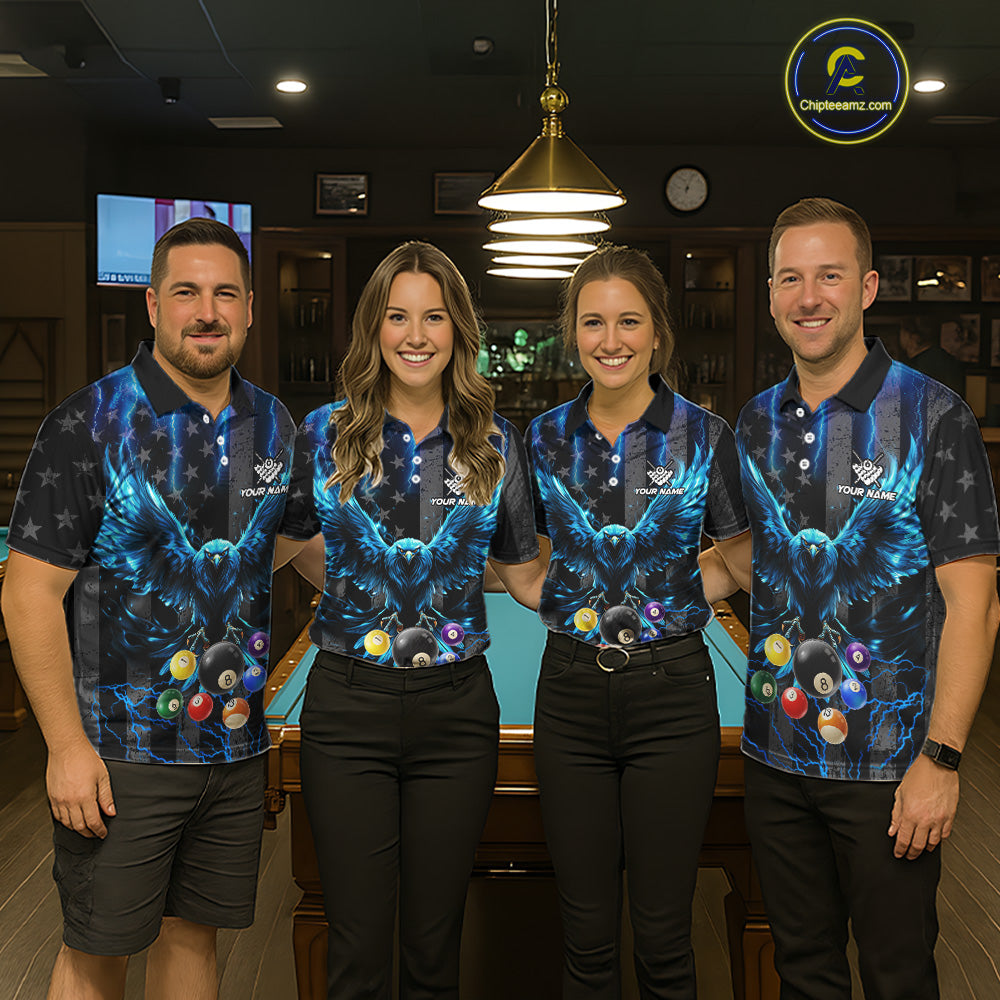 Pool team wearing matching blue lightning eagle billiard jerseys during tournament play front view.