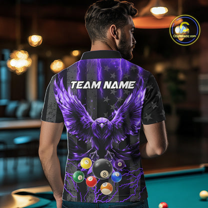 Back view of man wearing a purple lightning eagle pool team shirt in a billiards hall.