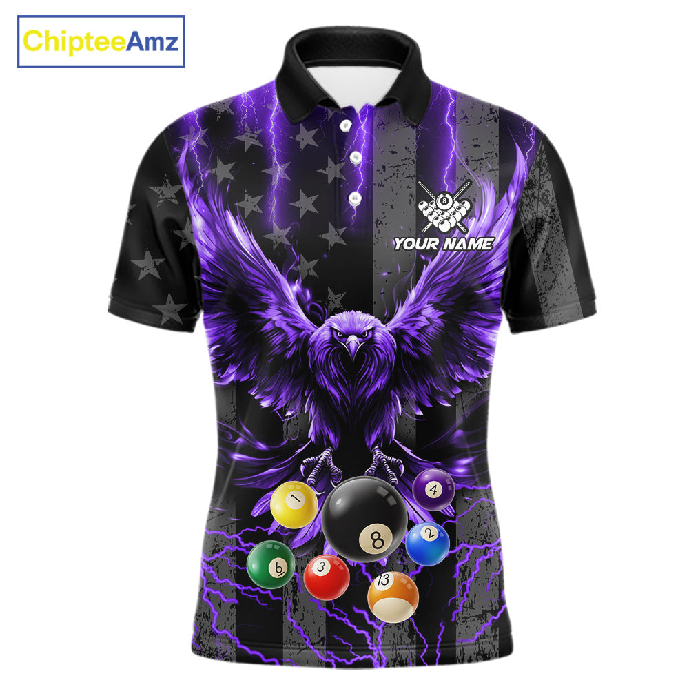 Purple lightning eagle 8 ball billiard polo shirt for men with bold American flag team graphics.