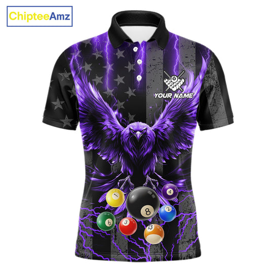 Purple lightning eagle 8 ball billiard polo shirt for men with bold American flag team graphics.