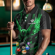 Load image into Gallery viewer, Man wearing a green lightning eagle billiard jersey during pool league play front view.