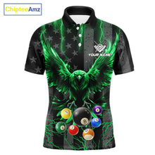 Load image into Gallery viewer, Green lightning eagle 8 ball pool polo shirt for men with patriotic American flag billiard graphics.