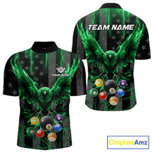 Load image into Gallery viewer, Green lightning eagle 8 ball billiard quarter zip shirt for men built for tournament and team competition.