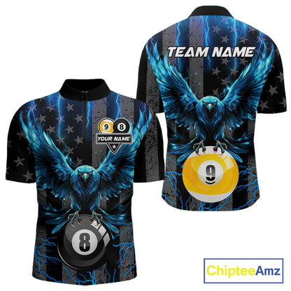 Blue lightning eagle 8 ball and 9 ball billiard quarter zip shirt for men designed for tournaments and league play.