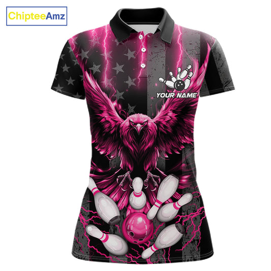 Pink lightning eagle bowling polo shirt for women with patriotic American flag bowling team graphics.