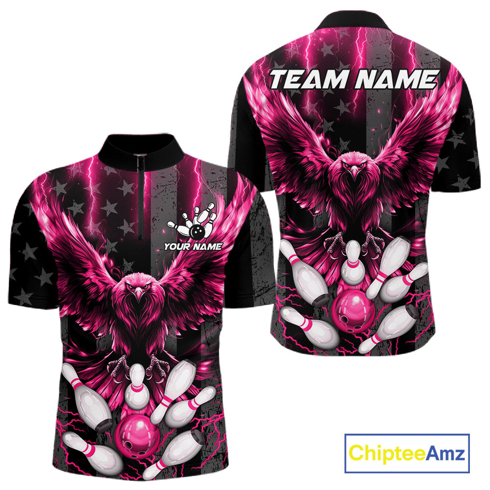 Pink lightning eagle bowling quarter zip shirt for men made for league matches and tournament play.