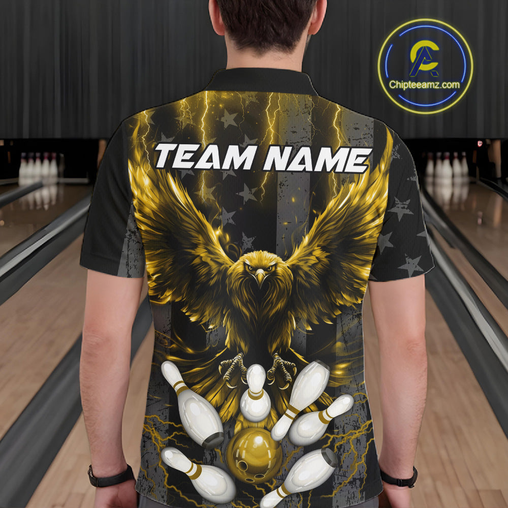 Back view of man wearing a yellow lightning eagle bowling polo shirt in a bowling alley.