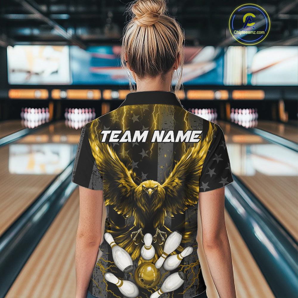 Woman wearing a yellow lightning eagle bowling quarter zip jersey during league matches back view.