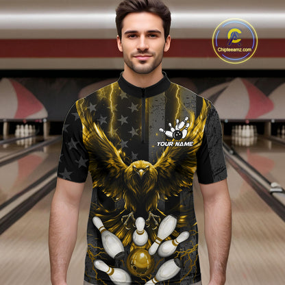 Man wearing a yellow lightning eagle bowling quarter zip jersey during league matches front view.