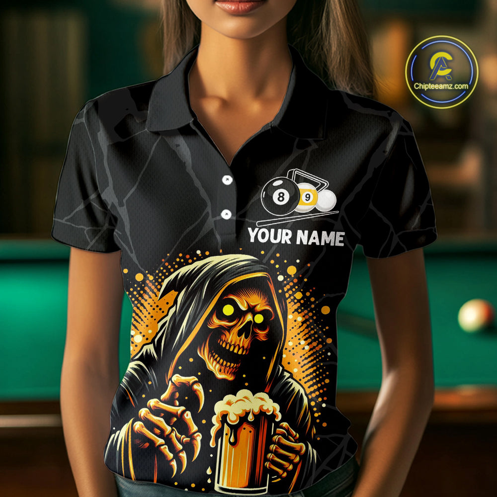 Woman wearing Grim Reaper 8 ball and 9 ball pool and beer That's Why I'm Here billiard polo shirt front view.