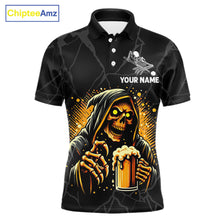 Load image into Gallery viewer, Grim Reaper 8 ball pool and beer That's Why I'm Here custom billiard team jersey polo shirt for men, funny pool league apparel.