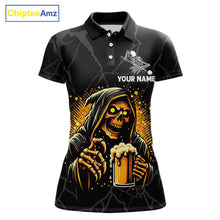 Load image into Gallery viewer, Grim Reaper 8 ball pool and beer That's Why I'm Here custom billiard team jersey polo shirt for women, funny pool league apparel and tournament jersey.