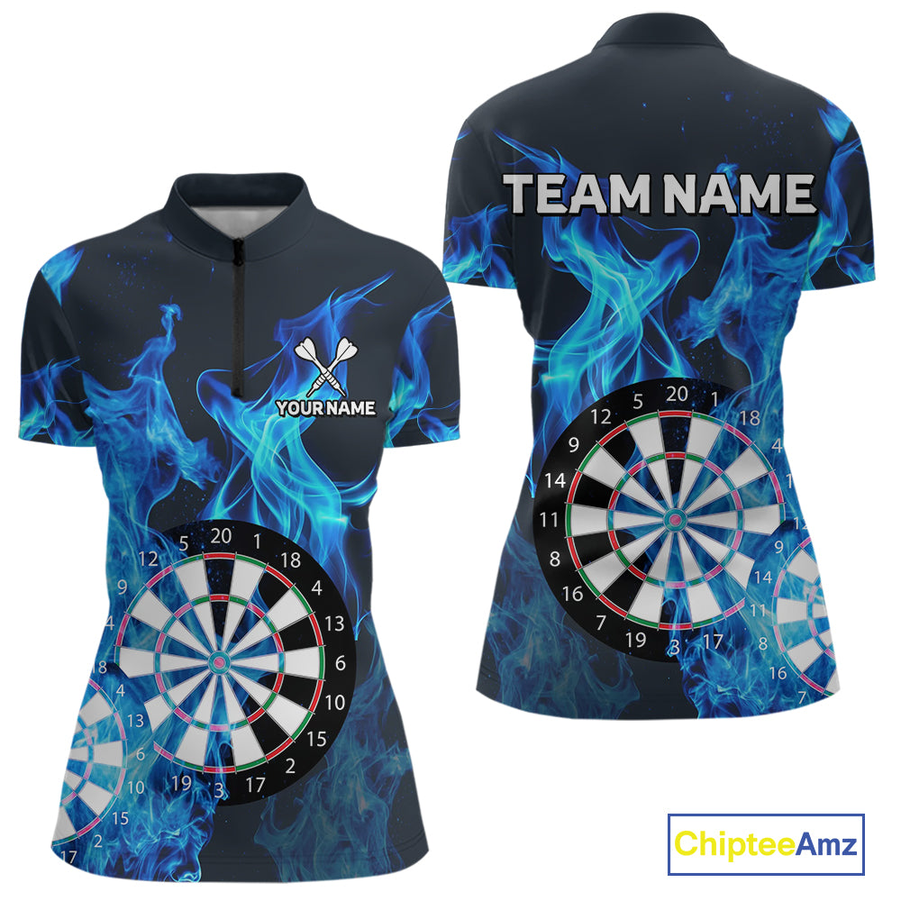 Blue Flaming Dartboard Darts Polo & Quarter Zip Custom Dart Shirts For Women Team Dart Jerseys TDM3821