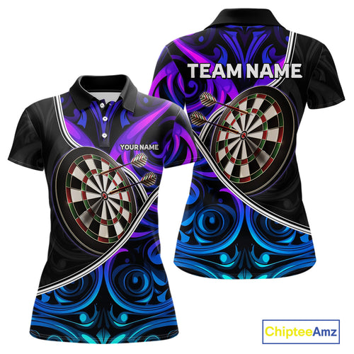 Neon Purple Blue Tribal Pattern Dart Shirts For Women Custom Dart Jerseys Team Polo & Quarter Zip TDM3823