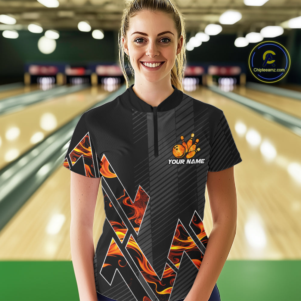 Personalized Fire Flame Bowling Jersey For Women Custom Bowling Team Shirt Polo & 1/4 Zip |Orange TDM6238