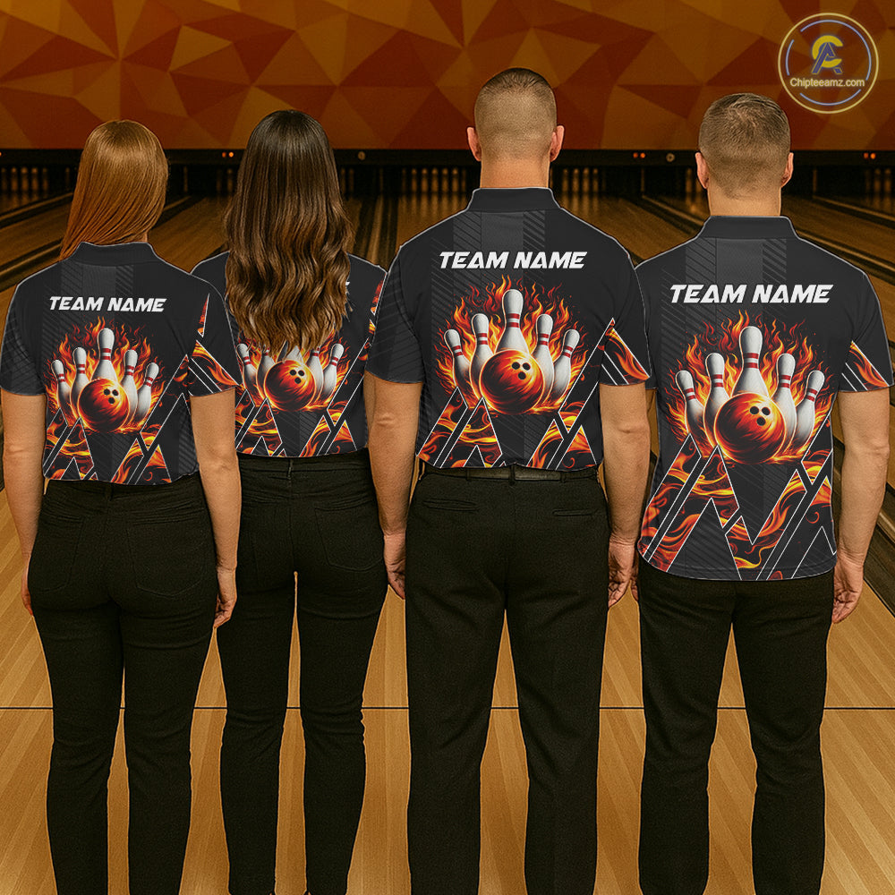 Personalized Fire Flame Bowling Jersey For Men Custom Bowling Team Shirt Polo & 1/4 Zip |Orange TDM6238