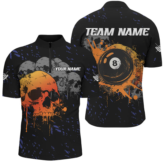 Custom Grunge Orange Skull 8 Ball Pool Men Billiard Polo & Quarter-Zip Shirts, Pool Player Shirts TDM1733