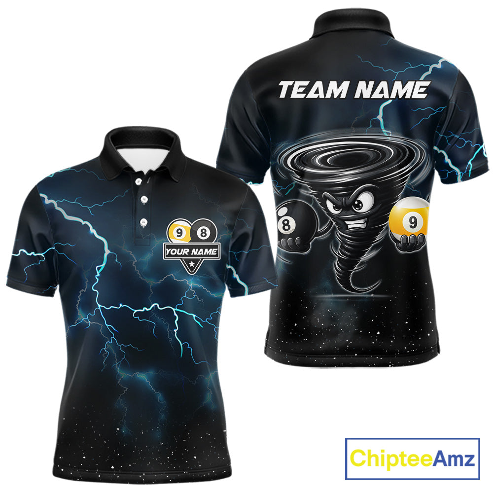 Tornado 8 ball and 9 ball billiard polo shirt for men with blue lightning graphics and bold league style.