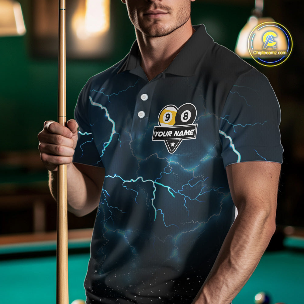 Man wearing a blue lightning billiard shirt during pool match front view.