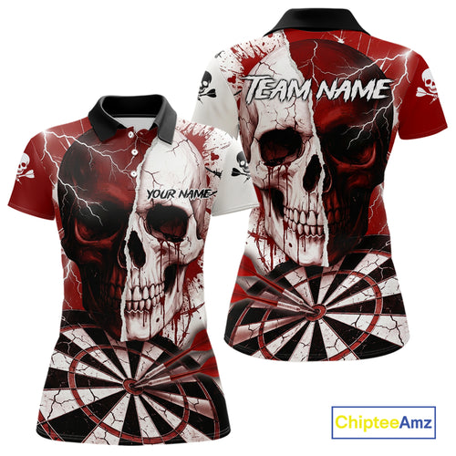 White & Red Skull Dartboard Custom Women Dart Polo Shirt Retro Grunge Dart League Jerseys NYN2083