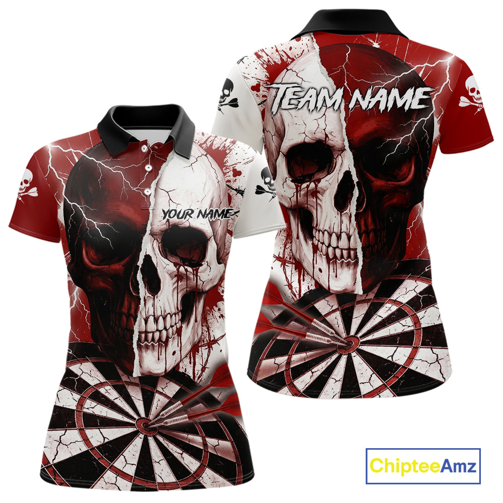 White & Red Skull Dartboard Custom Women Dart Polo Shirt Retro Grunge Dart League Jerseys NYN2083