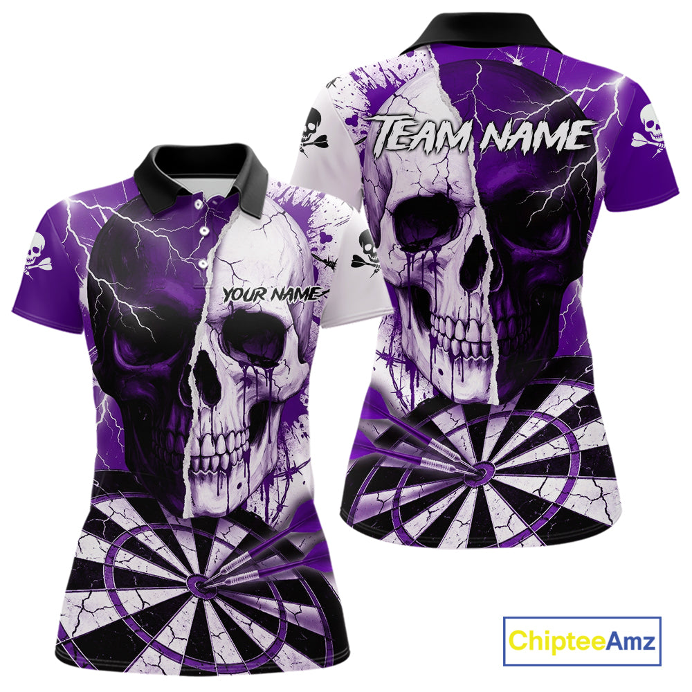 White & Purple Skull Dartboard Custom Women Dart Polo Shirt Retro Grunge Dart League Jerseys NYN2084