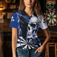 Load image into Gallery viewer, White &amp; Blue Skull Dartboard Custom Women Dart Polo Shirt Retro Grunge Dart League Jerseys NYN2085