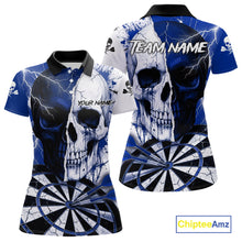 Load image into Gallery viewer, White &amp; Blue Skull Dartboard Custom Women Dart Polo Shirt Retro Grunge Dart League Jerseys NYN2085