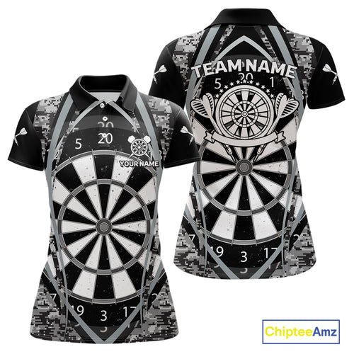 Personalized Grunge Grey Pixel Camo Dart Shirts For Women, Dart Jerseys Team Polo & Quarter Zip TDM3954