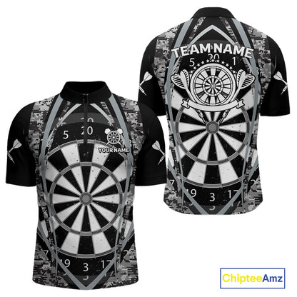 Personalized Grunge Grey Pixel Camo Dart Shirts For Men, Dart Jerseys Team Polo & Quarter Zip TDM3954