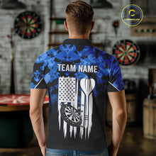 Load image into Gallery viewer, Personalized US Flag Blue Camo Dart Shirts For Men, Patriotic Darts Jersey Team Polo &amp; 1/4 Zip TDM4128