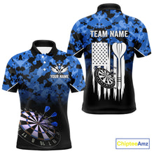Load image into Gallery viewer, Personalized US Flag Blue Camo Dart Shirts For Men, Patriotic Darts Jersey Team Polo &amp; 1/4 Zip TDM4128