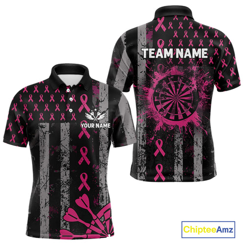 Personalized Grunge US Flag Pink Ribbon Patriotic Darts Shirt For Men, Breast Cancer Darts Jersey TDM4501