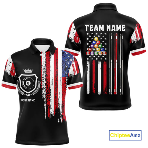 Personalized Grunge American Flag 9 Ball Pool Team Shirt For Men Custom Patriotic Billiard Shirts TDM4734