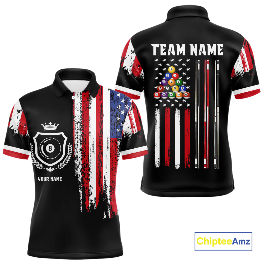 Personalized Grunge American Flag 9 Ball Pool Team Shirt For Men Custom Patriotic Billiard Shirts TDM4734