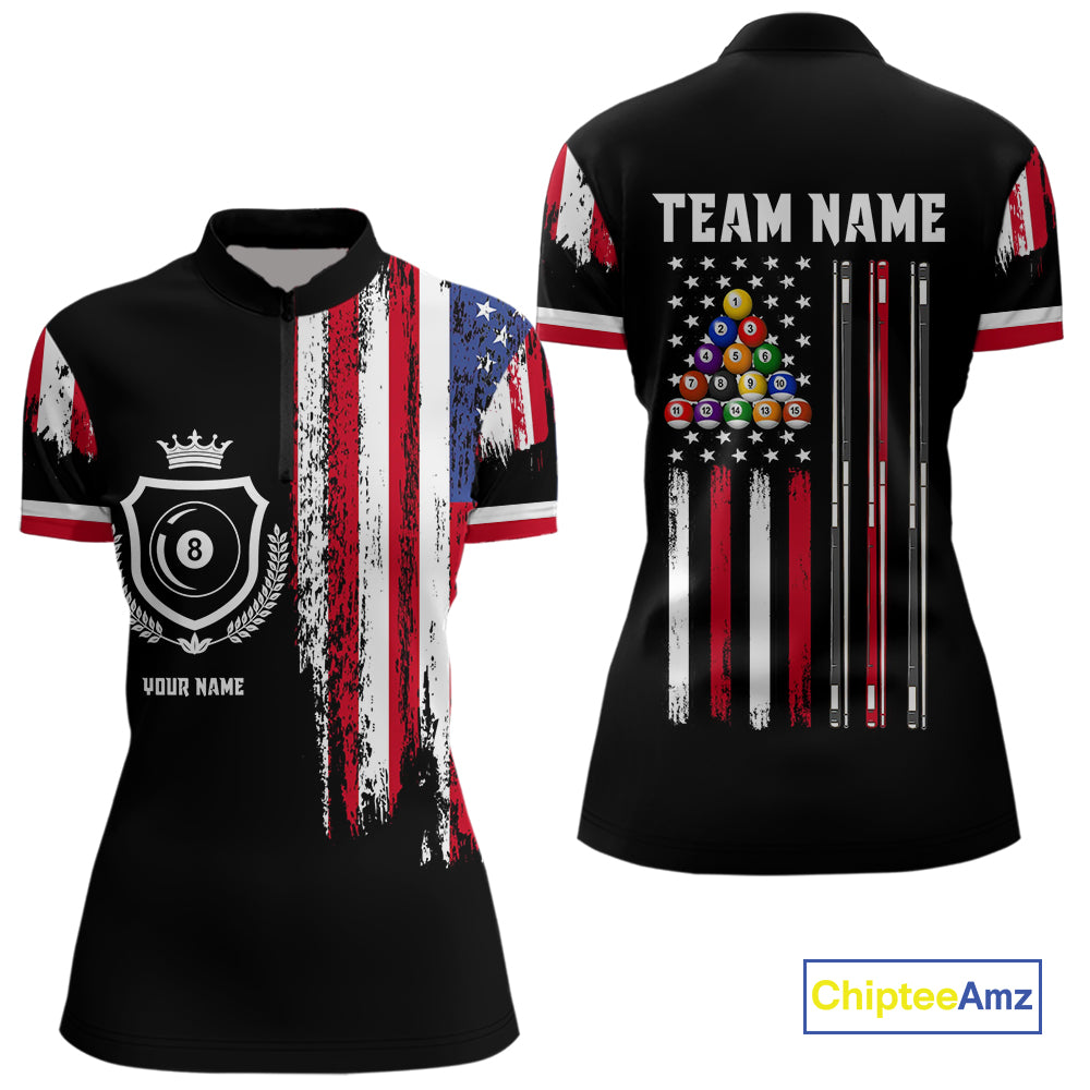 Personalized Grunge American Flag 9 Ball Pool Team Shirt For Women Custom Patriotic Billiard Shirts TDM4734