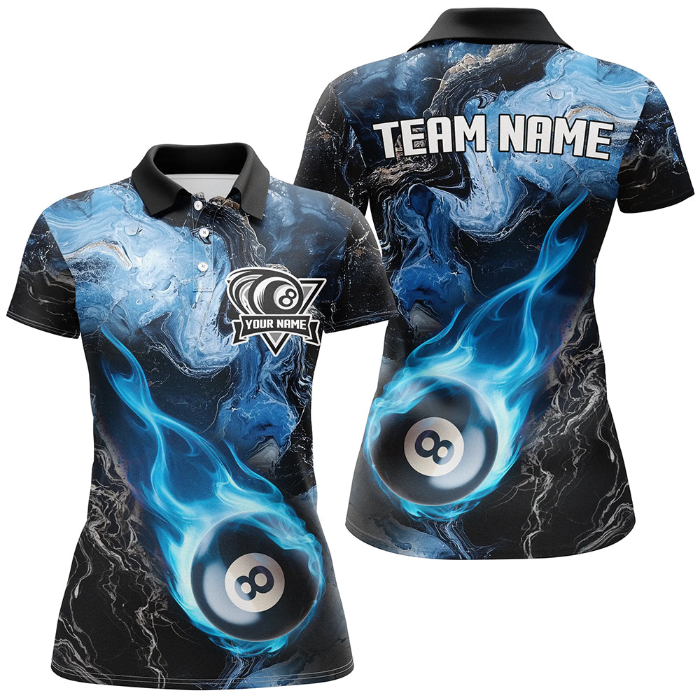 Blue 8 Ball Pool Fire Flame Abstract Pattern Custom Billiard Shirts For Women, Billiard Team Jerseys TDM2667